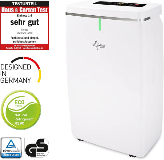 SUNTEC DryFix 20 Lumio Dehumidifier - For Rooms up to 63 m2 or 150 m3 - Room Dehumidifier with 20 L/Day Dehumidification - 3-in-1 Dehumidifier + Air Purifier + Tumble Dryer - Mobile and Electric