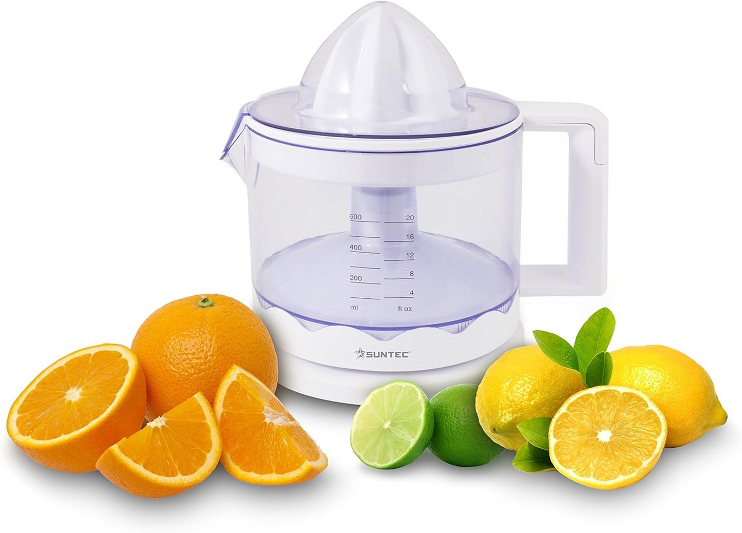 SUNTEC Zitruspresse ZIP-8427 comfort – Elektrisch mit Sieb & abnehmbarem Saft Behälter – Kleine Kunststoff Saftpresse für Orangen + Zitronen + Limetten – Elektrische Presse BPA frei mit max 25 Watt