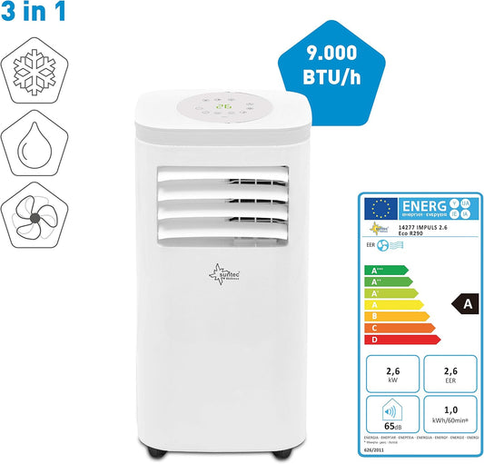 Suntec Freeze 9,000 Eco R290 Mobile Local Air Conditioner for Rooms up to 80 m3 (34 m2) Includes Exhaust Hose Cooler and Dehumidifier with Ecological Coolant R290 9,000 BTU/h