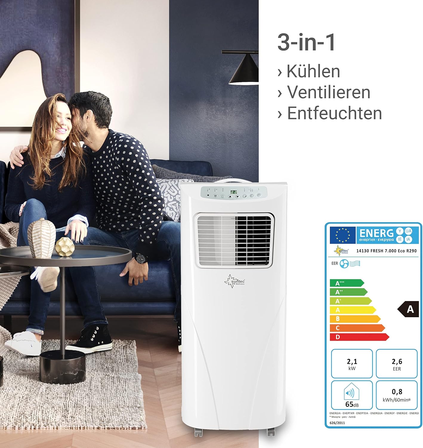 SUNTEC Mobiles lokales Klimagerät Fresh 7.000 Eco R290 | Klimaanlage für Räume bis 25 qm | Abluftschlauch | Kühler und Entfeuchter mit ökologischem Kühlmittel | 7.000 BTU/h | Für Wohnung und Büro