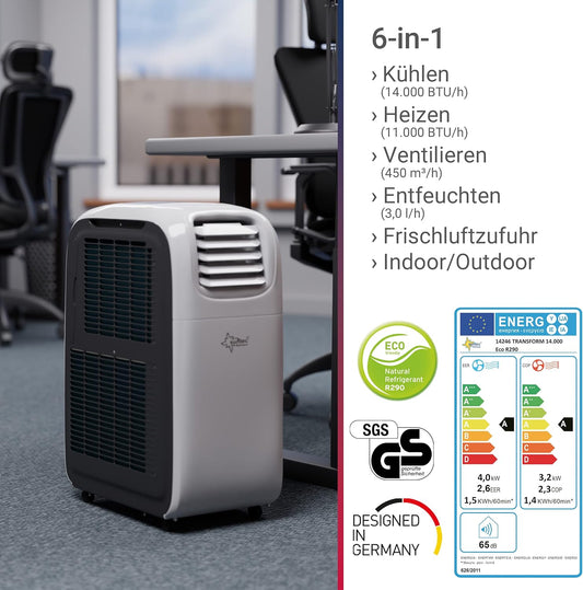SUNTEC Mobiles lokales Klimagerät Transform 14.000 Eco R290 | geeignet für Räume bis 70 m2 | Kühler und Entfeuchter mit ökologischem Kühlmittel R290 | 14.000 BTU/h