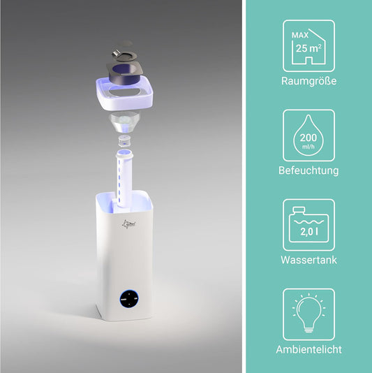 Suntec Monsun Ultrasonic Humidifier 2500 Moodlight [for Rooms up to 90 m (~ 38 M²), 2 Mist Nozzles with 3 Spray Settings Aroma Function LED Colour Change Display Maximum 250 ml/hr/Maximum 28 W]
