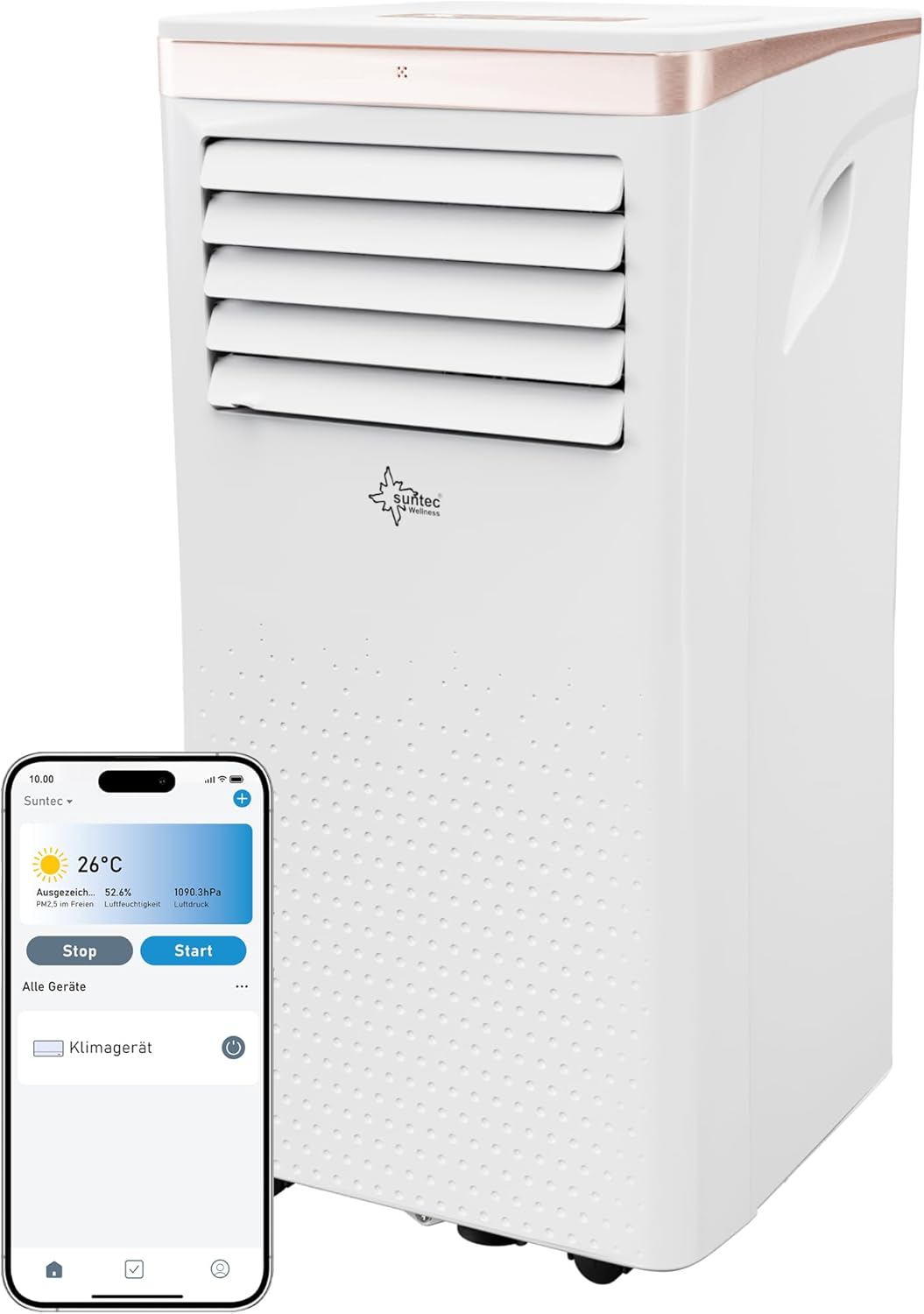SUNTEC Mobiles Klimagerät Coolfixx 9000 BTU Design rosé App – Klimaanlage mobil und leise mit Smart App Steuerung – Entfeuchter für Räume bis 34 qm – Mobile Kühlung für zuhause – 9.000 BTU