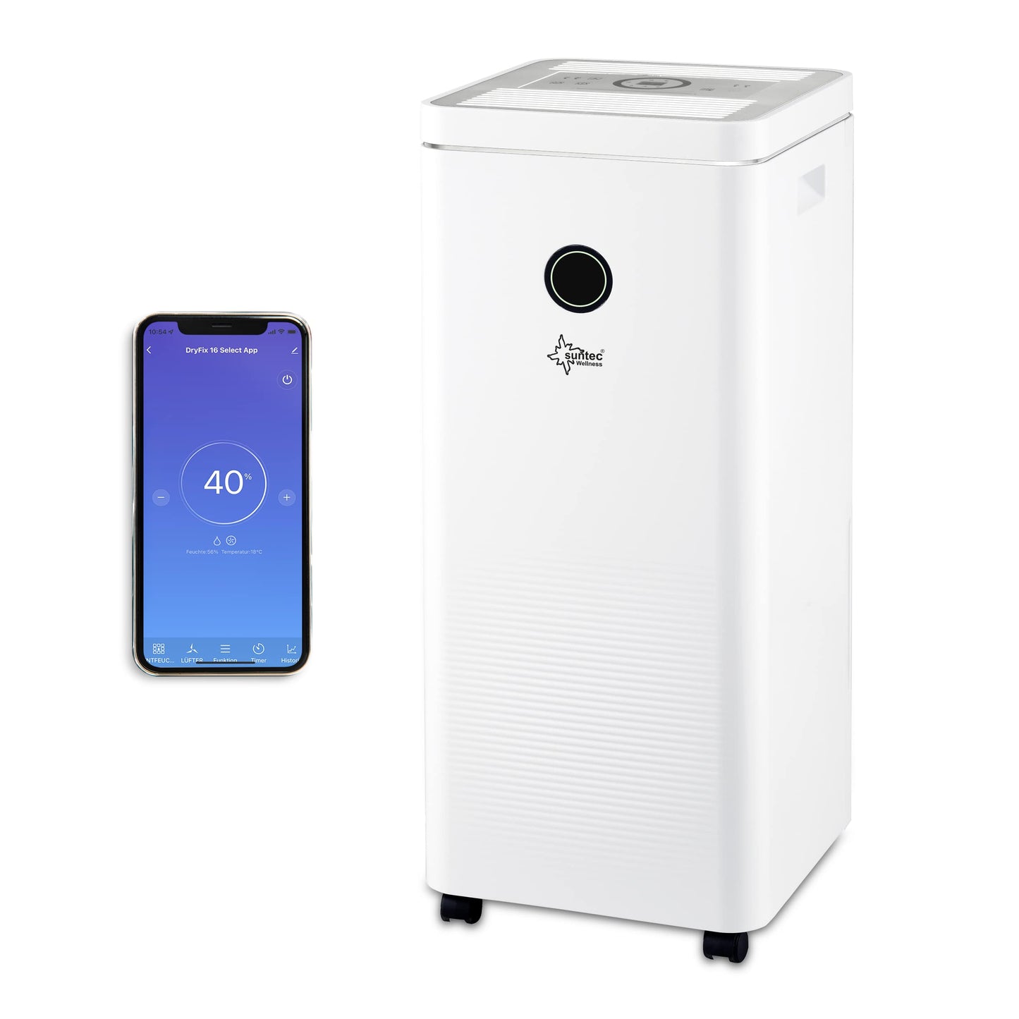 SUNTEC DryFix 12 EQ Dehumidifier - For Rooms up to 34 m2 or 80 m3 - Room Dehumidifier with 12 l/day Dehumidification - 3-in-1 Dehumidifier + Air Purifier + Tumble Dryer - Mobile and Electric White