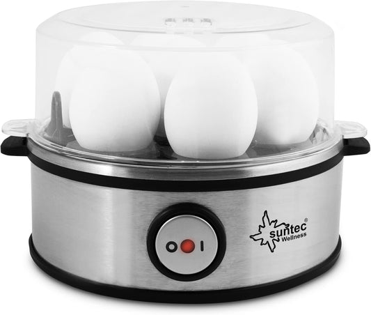 SUNTEC Eierkocher EGG-8564 design aus Edelstahl – Für 7 Eier – Härtegradeinstellung und Timer – Automatische Abschaltung – Klein und elektrisch – Set mit Messbecher & Schale für Rührei – 360 Watt