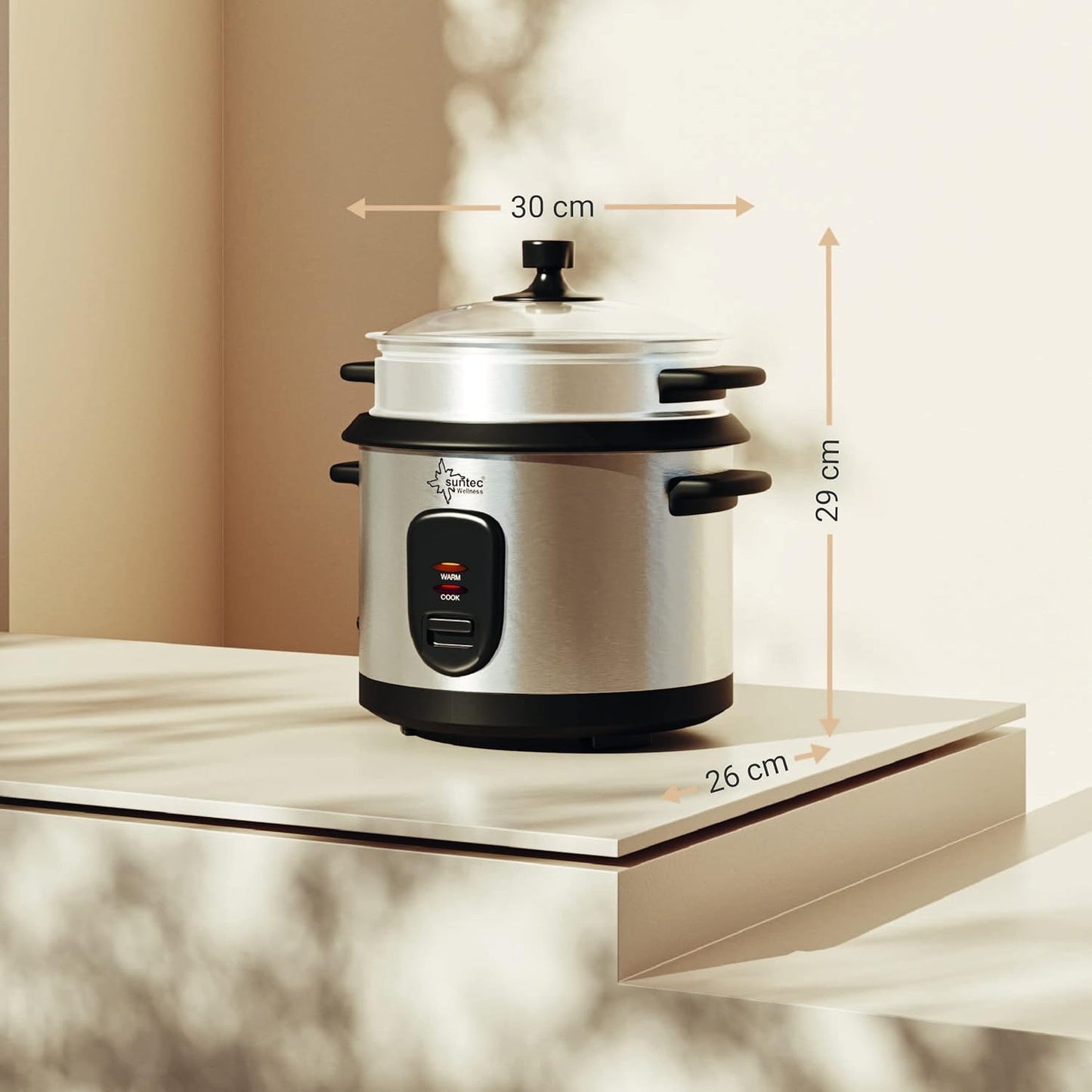 SUNTEC 2-in-1 Rice Cooker and Steamer - 1 Litre Stainless Steel Cooking Pot with Non-Stick Coating - Container for Cooking Vegetables - Keep Warm Function - Spoon & Measuring Cup - RKO-9974