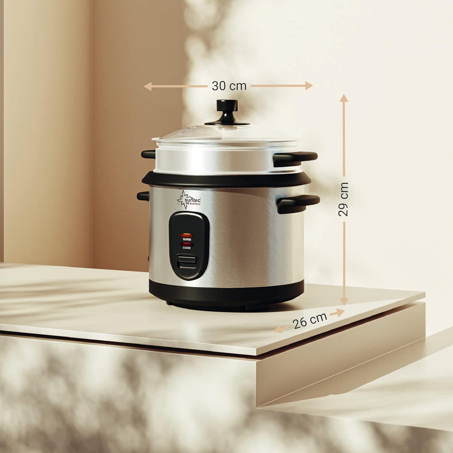 SUNTEC 2-in-1 Rice Cooker and Steamer - 1 Litre Stainless Steel Cooking Pot with Non-Stick Coating - Container for Cooking Vegetables - Keep Warm Function - Spoon & Measuring Cup - RKO-9974