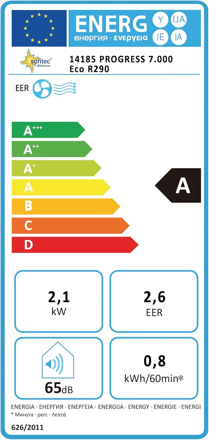 SUNTEC Mobiles lokales Klimagerät Progress 7.000 Eco R290 | für Räume bis 60m3 (25 m2) | inkl. Abluftschlauch | Kühler und Entfeuchter mit ökologischem Kühlmittel R290 | 7.000 BTU/h, EEK A