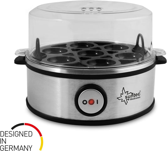 SUNTEC Eierkocher EGG-8564 design aus Edelstahl – Für 7 Eier – Härtegradeinstellung und Timer – Automatische Abschaltung – Klein und elektrisch – Set mit Messbecher & Schale für Rührei – 360 Watt