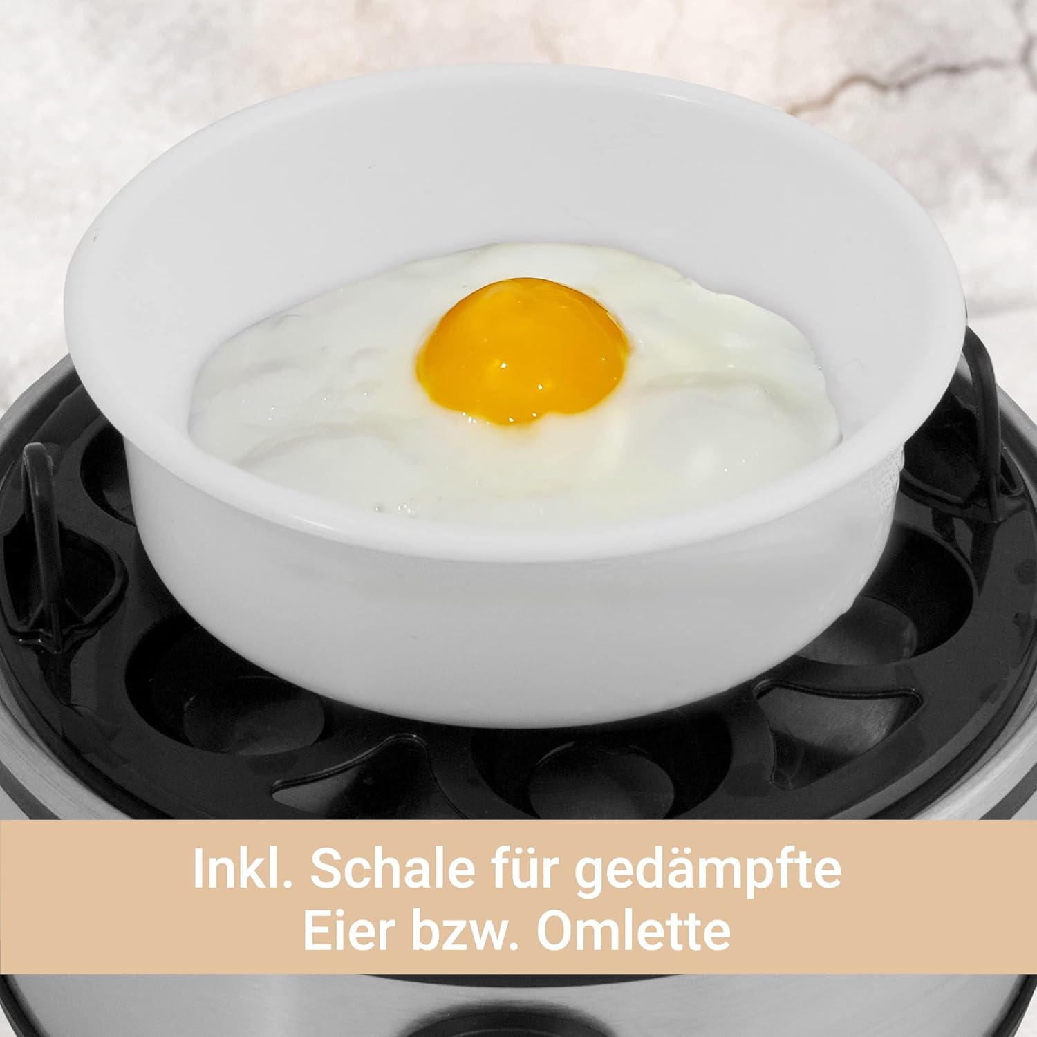 SUNTEC Eierkocher EGG-8564 design aus Edelstahl – Für 7 Eier – Härtegradeinstellung und Timer – Automatische Abschaltung – Klein und elektrisch – Set mit Messbecher & Schale für Rührei – 360 Watt