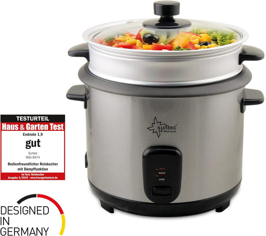 SUNTEC 2-in-1 Rice Cooker and Steamer - 1 Litre Stainless Steel Cooking Pot with Non-Stick Coating - Container for Cooking Vegetables - Keep Warm Function - Spoon & Measuring Cup - RKO-9974