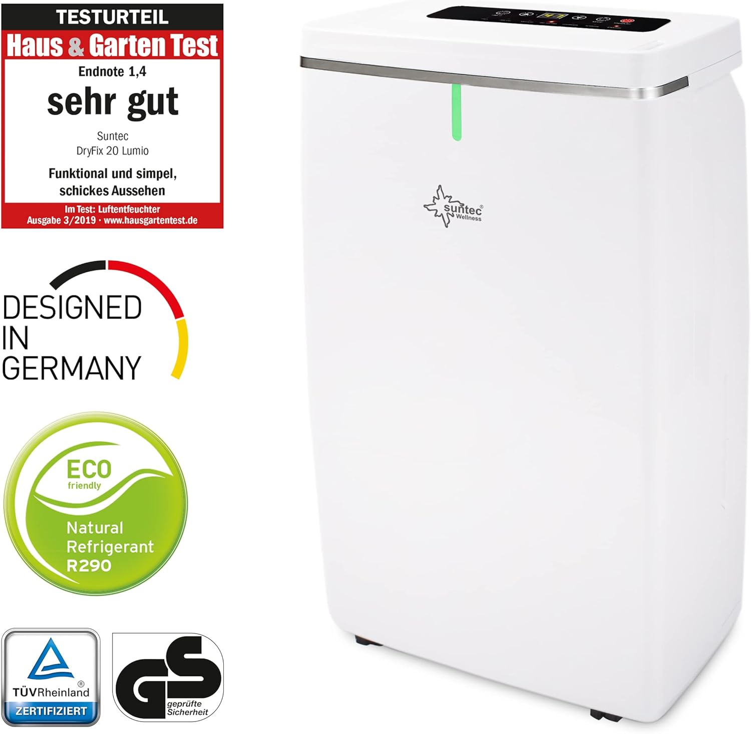 SUNTEC DryFix 20 Lumio Dehumidifier - For Rooms up to 63 m2 or 150 m3 - Room Dehumidifier with 20 L/Day Dehumidification - 3-in-1 Dehumidifier + Air Purifier + Tumble Dryer - Mobile and Electric