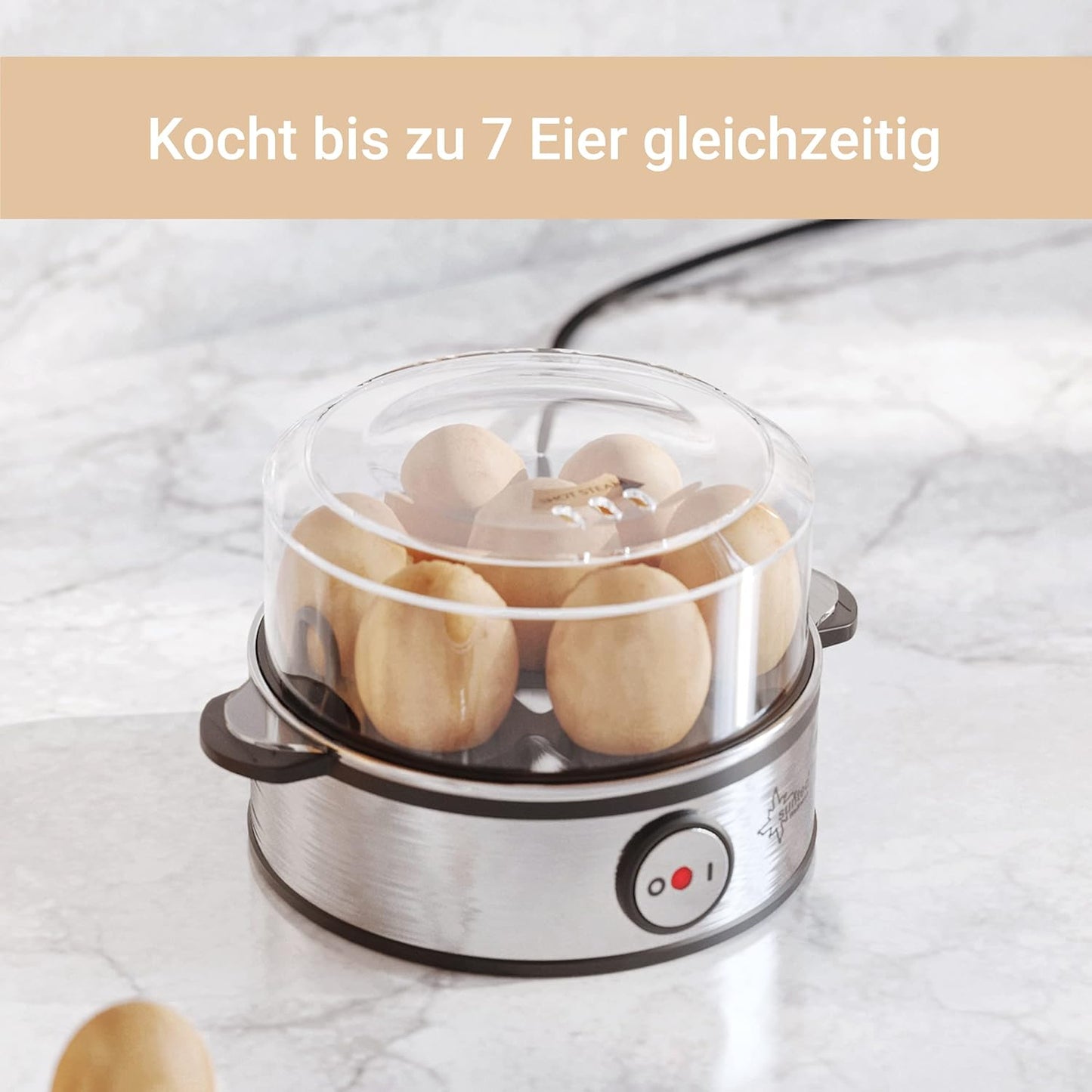 SUNTEC Eierkocher EGG-8564 design aus Edelstahl – Für 7 Eier – Härtegradeinstellung und Timer – Automatische Abschaltung – Klein und elektrisch – Set mit Messbecher & Schale für Rührei – 360 Watt