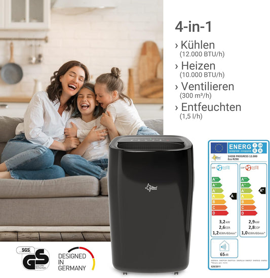 SUNTEC Mobiles lokales Klimagerät Progress 12.000 Eco R290 | Klimaanlage für Räume bis 60 qm | Abluftschlauch | Kühler und Entfeuchter mit ökologischem Kühlmittel | 12.000 BTU/h | Für Wohnung und Büro