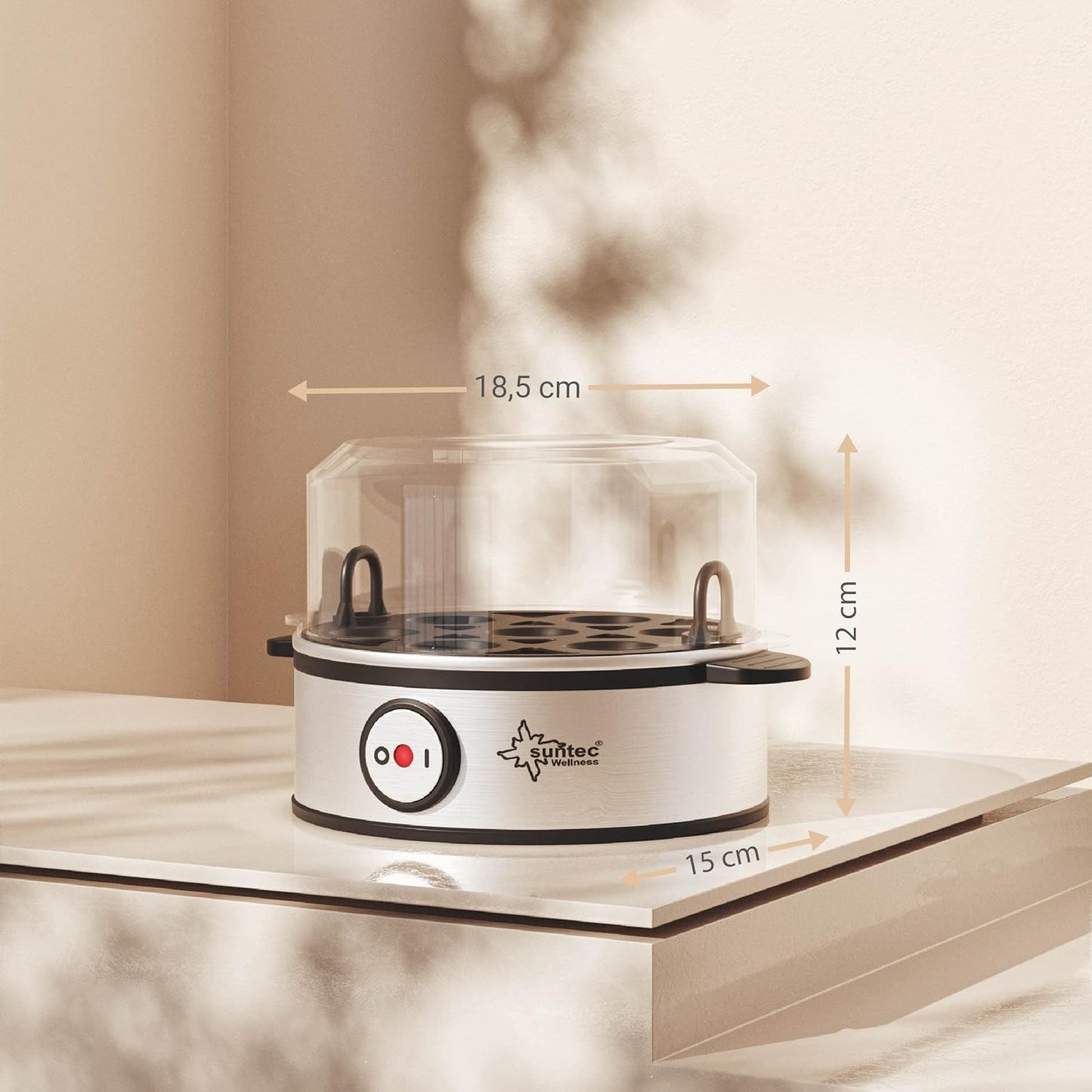 SUNTEC Eierkocher EGG-8564 design aus Edelstahl – Für 7 Eier – Härtegradeinstellung und Timer – Automatische Abschaltung – Klein und elektrisch – Set mit Messbecher & Schale für Rührei – 360 Watt