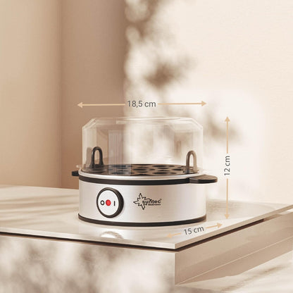 SUNTEC Eierkocher EGG-8564 design aus Edelstahl – Für 7 Eier – Härtegradeinstellung und Timer – Automatische Abschaltung – Klein und elektrisch – Set mit Messbecher & Schale für Rührei – 360 Watt