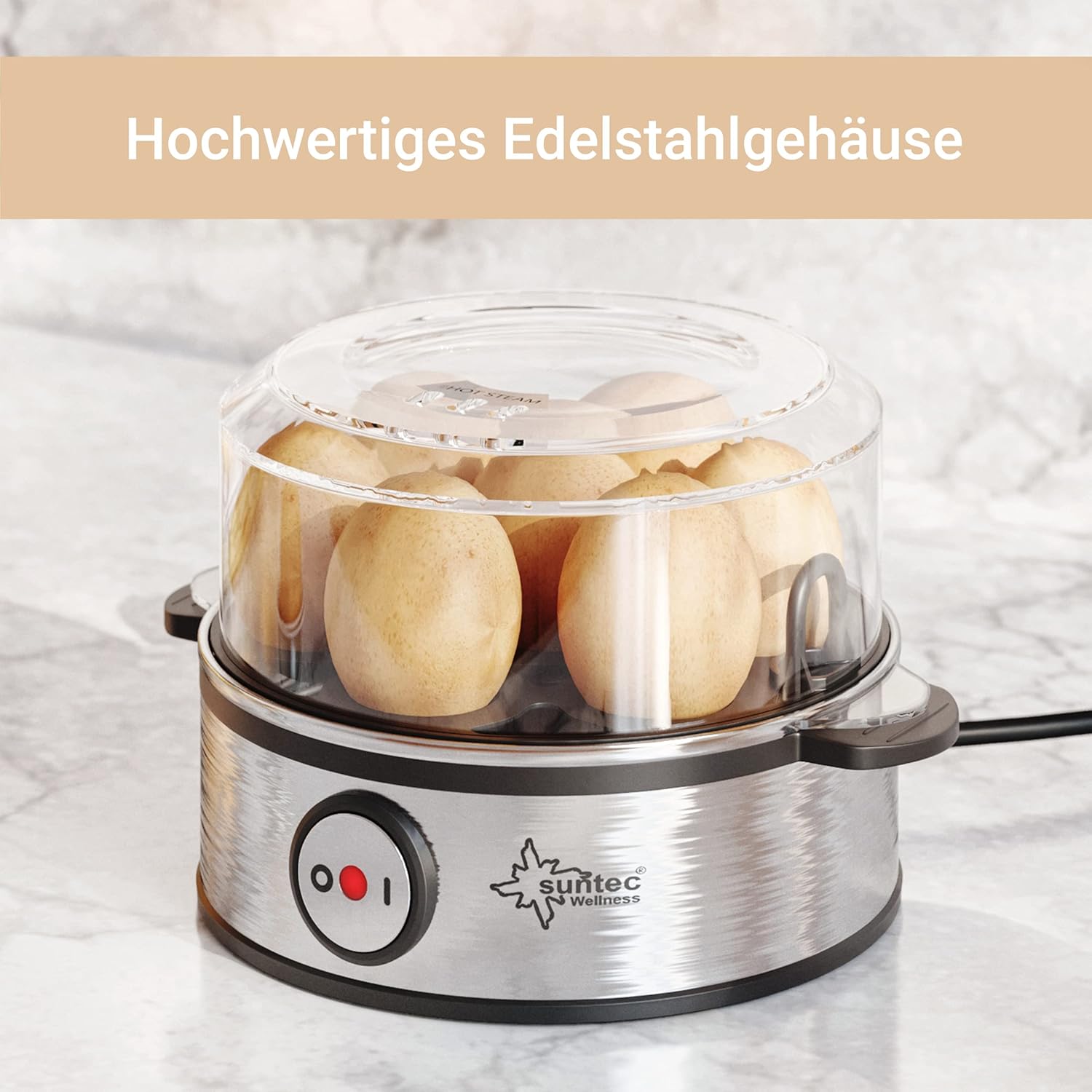 SUNTEC Eierkocher EGG-8564 design aus Edelstahl – Für 7 Eier – Härtegradeinstellung und Timer – Automatische Abschaltung – Klein und elektrisch – Set mit Messbecher & Schale für Rührei – 360 Watt