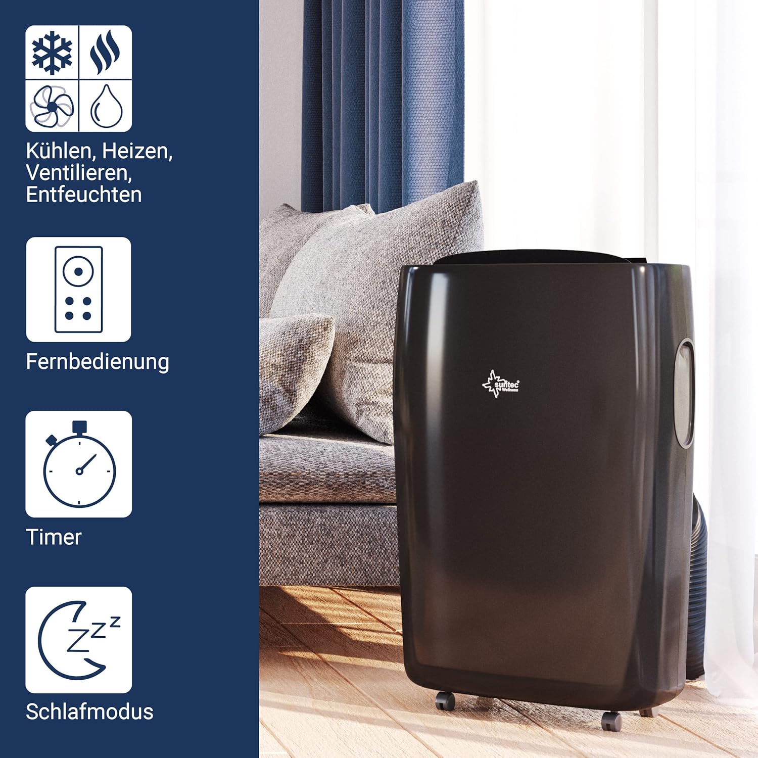 SUNTEC Mobiles lokales Klimagerät Progress 12.000 Eco R290 | Klimaanlage für Räume bis 60 qm | Abluftschlauch | Kühler und Entfeuchter mit ökologischem Kühlmittel | 12.000 BTU/h | Für Wohnung und Büro