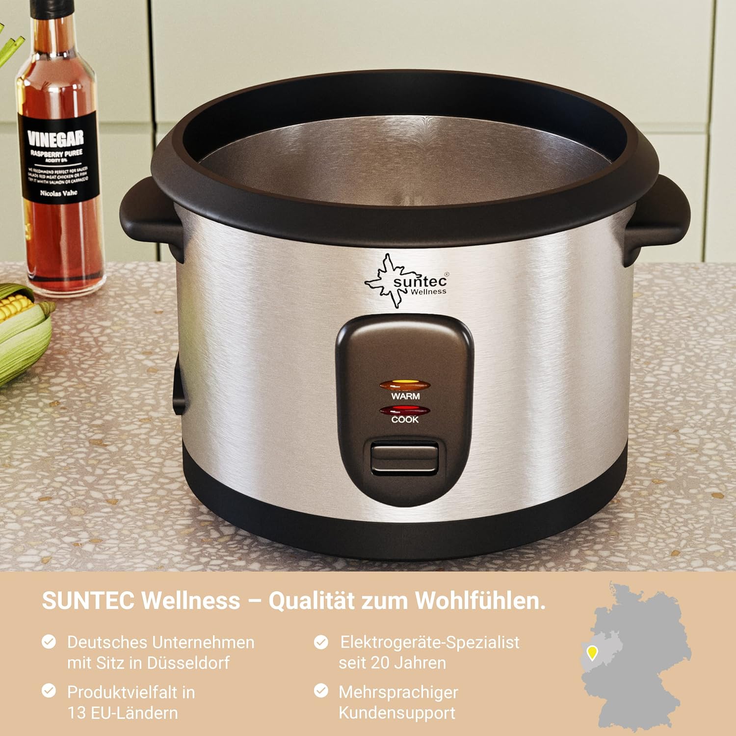 SUNTEC 2-in-1 Rice Cooker and Steamer - 1 Litre Stainless Steel Cooking Pot with Non-Stick Coating - Container for Cooking Vegetables - Keep Warm Function - Spoon & Measuring Cup - RKO-9974