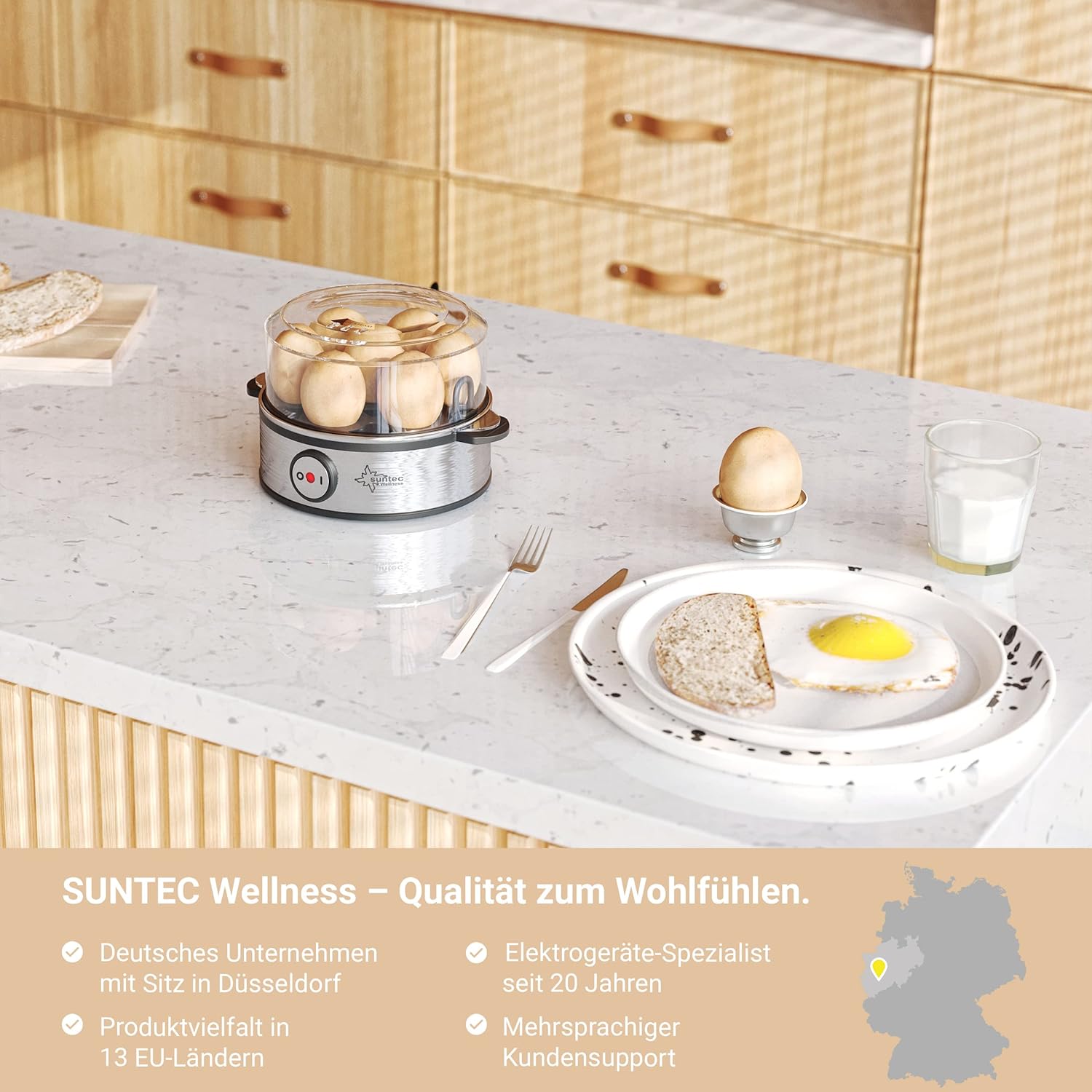 SUNTEC Eierkocher EGG-8564 design aus Edelstahl – Für 7 Eier – Härtegradeinstellung und Timer – Automatische Abschaltung – Klein und elektrisch – Set mit Messbecher & Schale für Rührei – 360 Watt