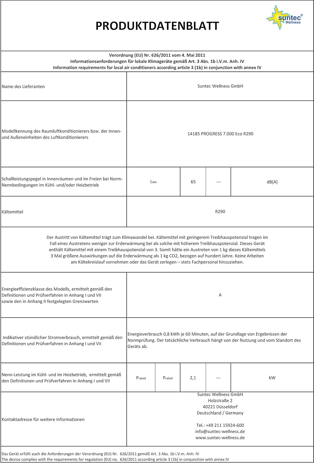SUNTEC Mobiles lokales Klimagerät Progress 7.000 Eco R290 | für Räume bis 60m3 (25 m2) | inkl. Abluftschlauch | Kühler und Entfeuchter mit ökologischem Kühlmittel R290 | 7.000 BTU/h, EEK A