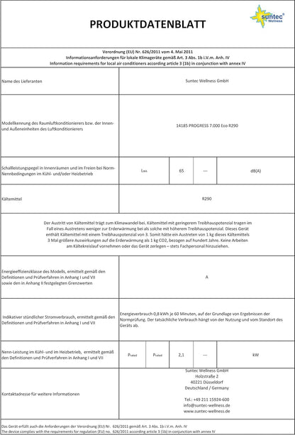 SUNTEC Mobiles lokales Klimagerät Progress 7.000 Eco R290 | für Räume bis 60m3 (25 m2) | inkl. Abluftschlauch | Kühler und Entfeuchter mit ökologischem Kühlmittel R290 | 7.000 BTU/h, EEK A