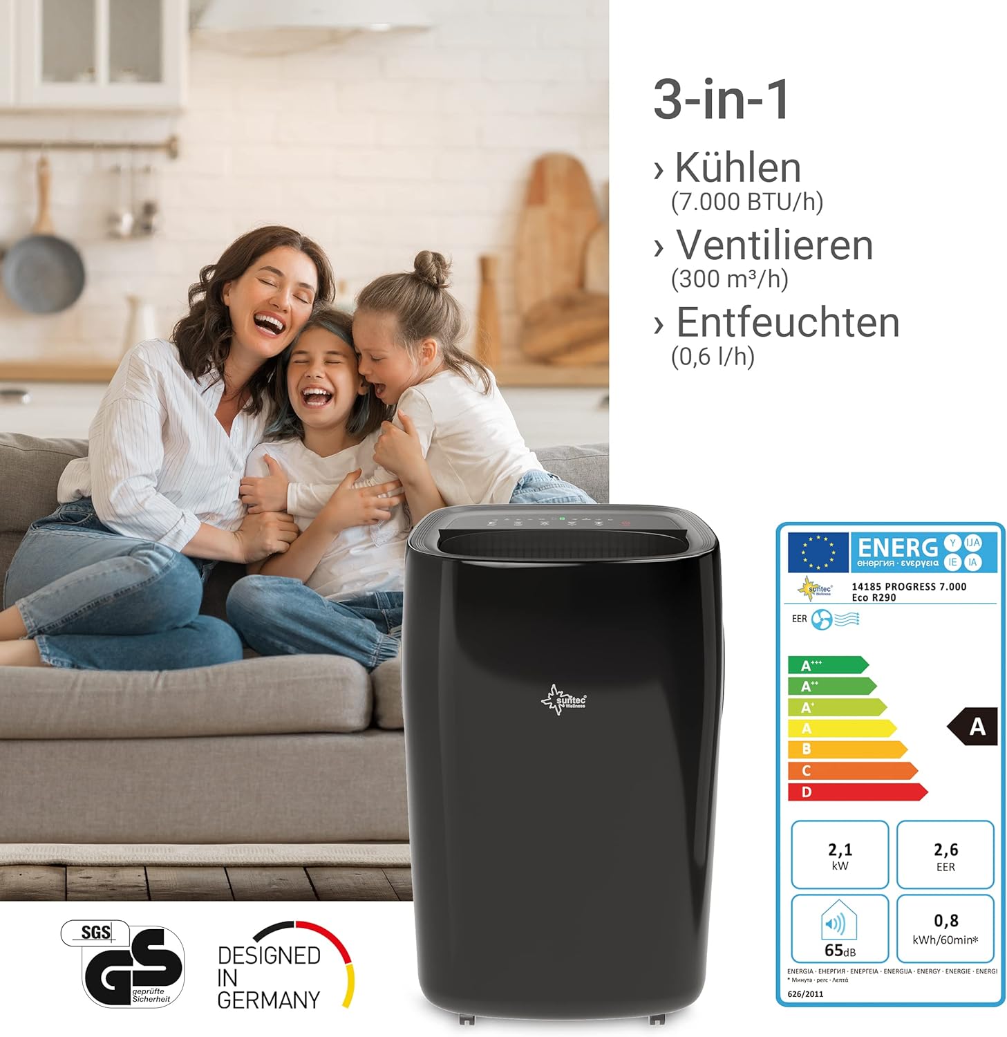 SUNTEC Mobiles lokales Klimagerät Progress 7.000 Eco R290 | für Räume bis 60m3 (25 m2) | inkl. Abluftschlauch | Kühler und Entfeuchter mit ökologischem Kühlmittel R290 | 7.000 BTU/h, EEK A