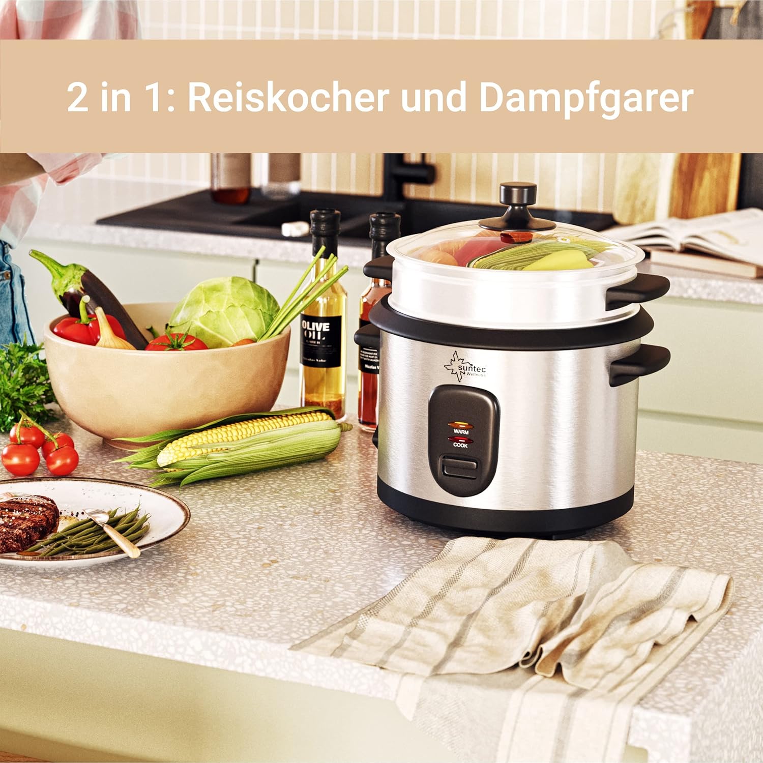 SUNTEC 2-in-1 Rice Cooker and Steamer - 1 Litre Stainless Steel Cooking Pot with Non-Stick Coating - Container for Cooking Vegetables - Keep Warm Function - Spoon & Measuring Cup - RKO-9974