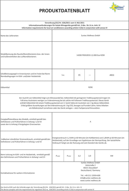 SUNTEC Mobiles lokales Klimagerät Progress 12.000 Eco R290 | Klimaanlage für Räume bis 60 qm | Abluftschlauch | Kühler und Entfeuchter mit ökologischem Kühlmittel | 12.000 BTU/h | Für Wohnung und Büro