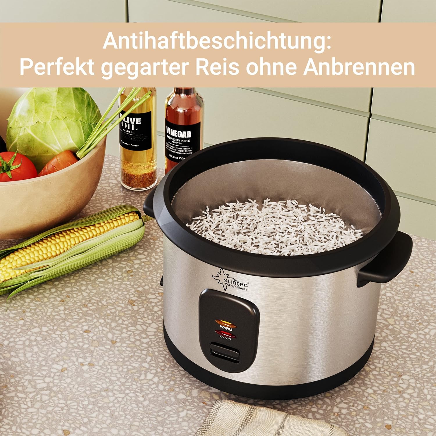 SUNTEC 2-in-1 Rice Cooker and Steamer - 1 Litre Stainless Steel Cooking Pot with Non-Stick Coating - Container for Cooking Vegetables - Keep Warm Function - Spoon & Measuring Cup - RKO-9974