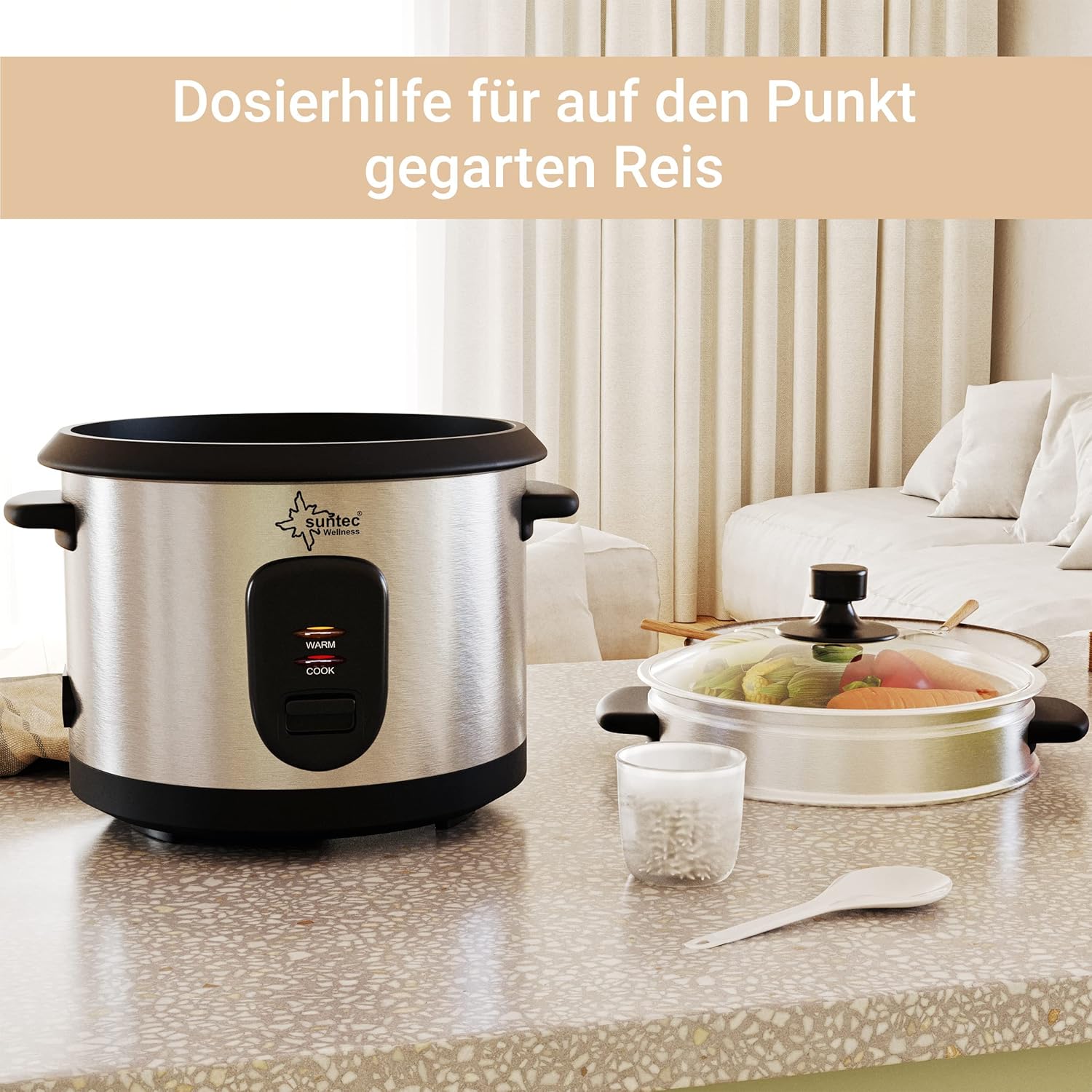 SUNTEC 2-in-1 Rice Cooker and Steamer - 1 Litre Stainless Steel Cooking Pot with Non-Stick Coating - Container for Cooking Vegetables - Keep Warm Function - Spoon & Measuring Cup - RKO-9974