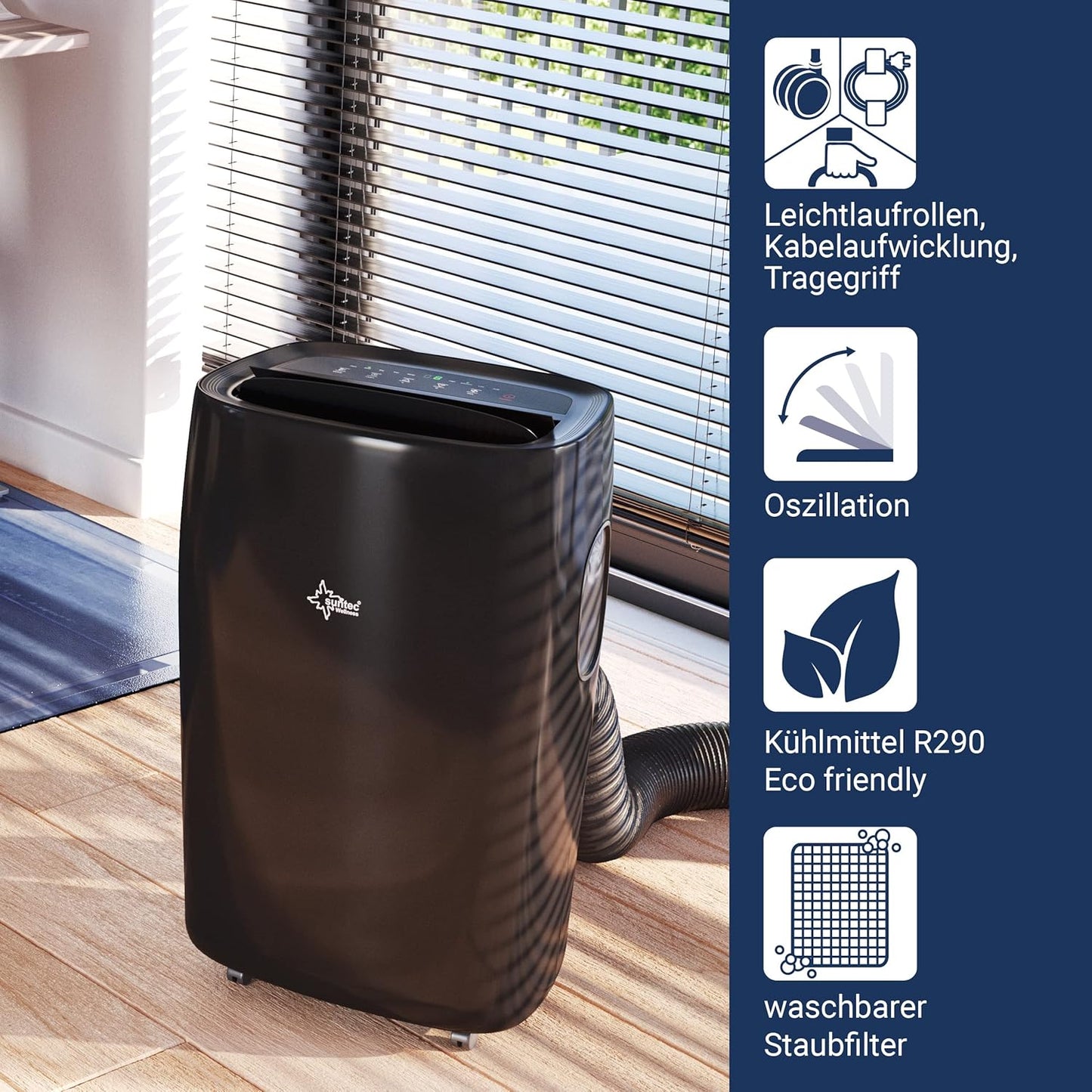 SUNTEC Mobiles lokales Klimagerät Progress 12.000 Eco R290 | Klimaanlage für Räume bis 60 qm | Abluftschlauch | Kühler und Entfeuchter mit ökologischem Kühlmittel | 12.000 BTU/h | Für Wohnung und Büro