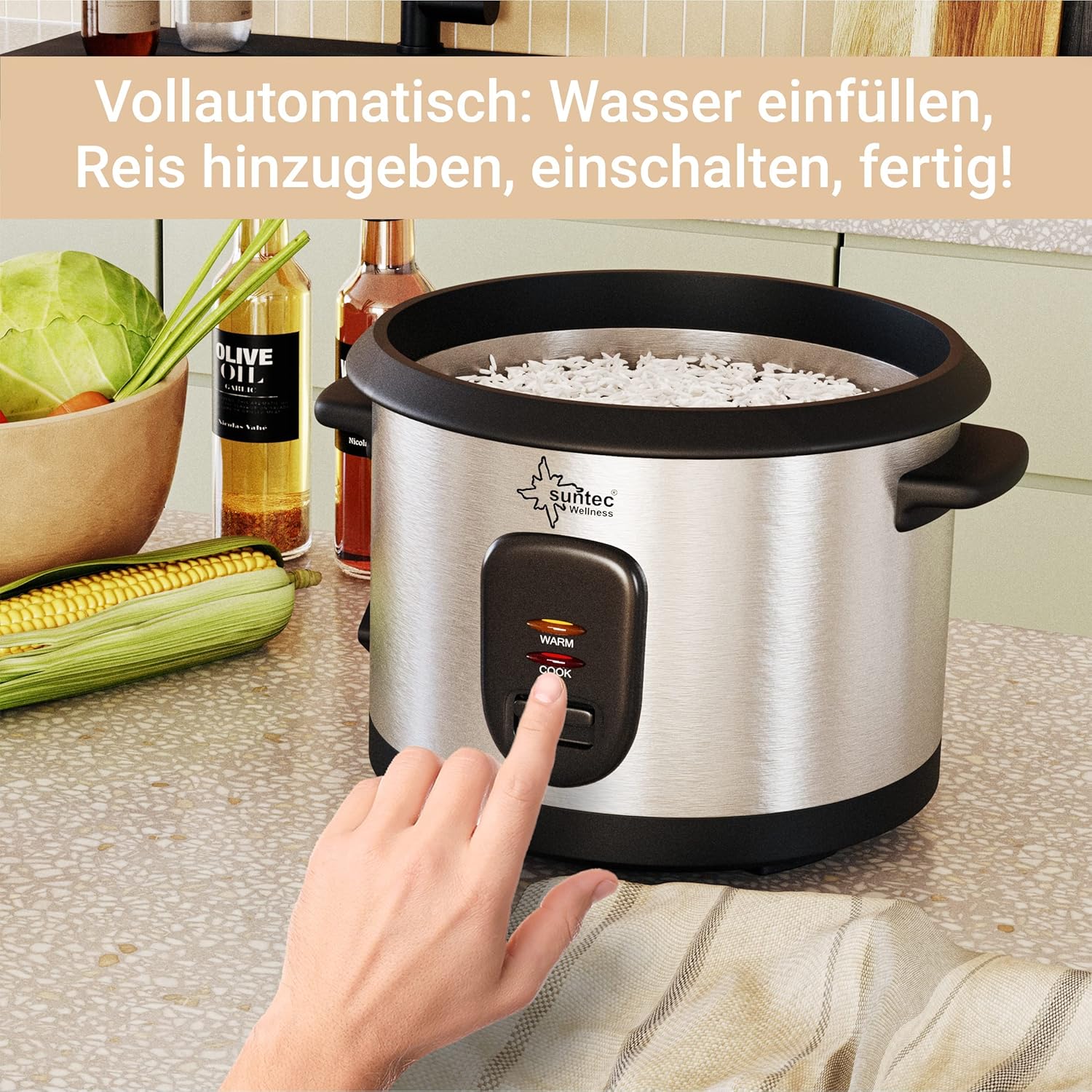 SUNTEC 2-in-1 Rice Cooker and Steamer - 1 Litre Stainless Steel Cooking Pot with Non-Stick Coating - Container for Cooking Vegetables - Keep Warm Function - Spoon & Measuring Cup - RKO-9974