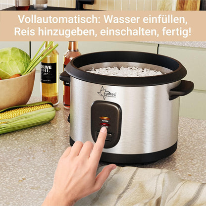 SUNTEC 2-in-1 Rice Cooker and Steamer - 1 Litre Stainless Steel Cooking Pot with Non-Stick Coating - Container for Cooking Vegetables - Keep Warm Function - Spoon & Measuring Cup - RKO-9974