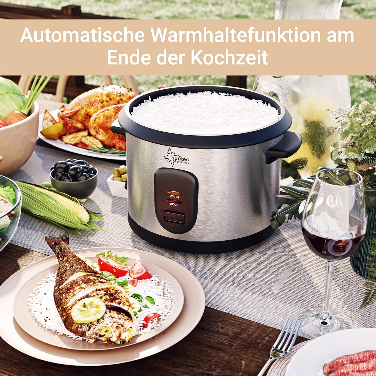 SUNTEC 2-in-1 Rice Cooker and Steamer - 1 Litre Stainless Steel Cooking Pot with Non-Stick Coating - Container for Cooking Vegetables - Keep Warm Function - Spoon & Measuring Cup - RKO-9974
